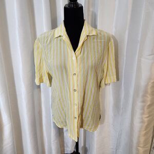 Vintage TESS Yellow White Stripe 100% Silk Short Sleeve Button Up Blouse Women M